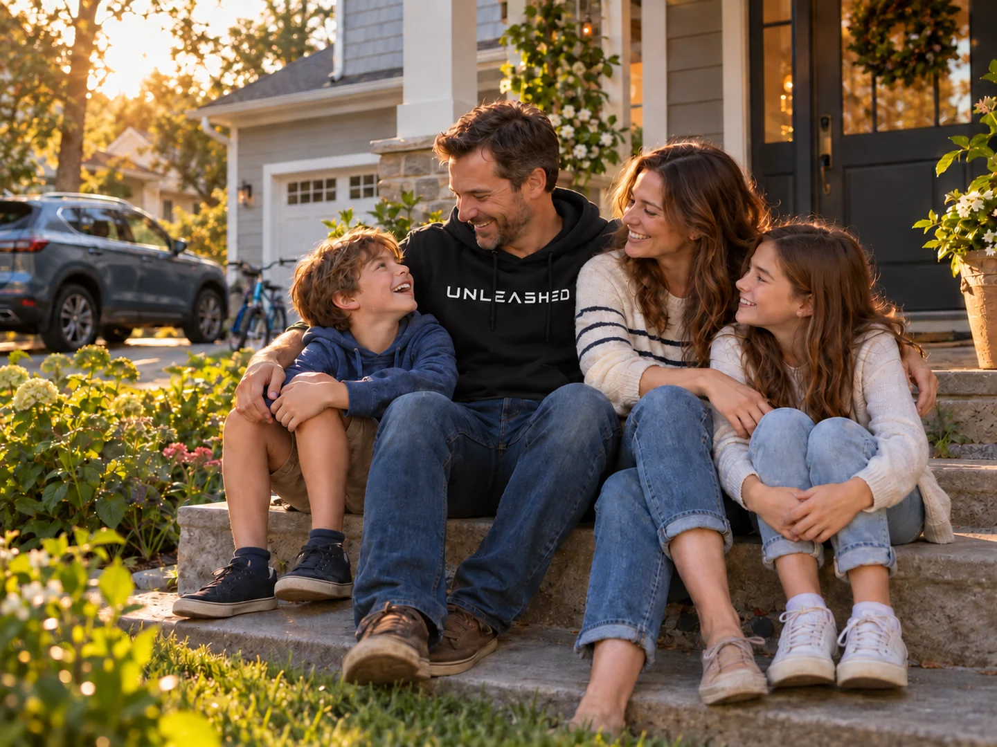 A family enjoys time together outside a comfortable home, with an everyday car in the driveway.